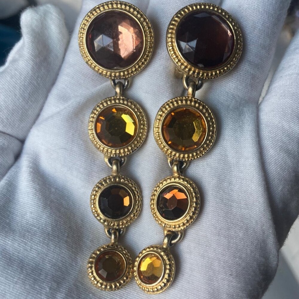Vintage Ben Amun Clip On Dangle Earrings Amber Gold Tone Gems Regency Statement - Picture 2 of 9
